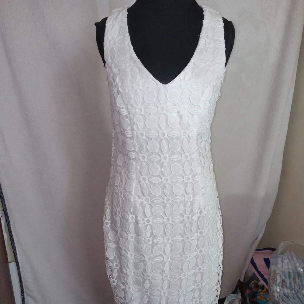 Bisou Bisou Ivory Lace Detail Midi Dress Size 6 Beautiful, Corset Back Split Hem
